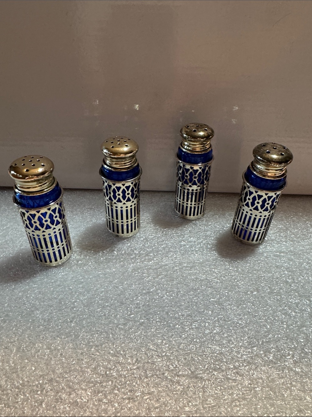 Vintage Pair Of Cobalt Blue Glass Salt & Pepper Encased in Silvertone